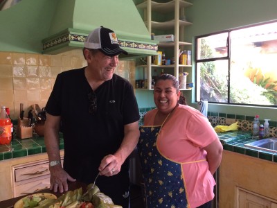 Tim and Judith Sosa, our terrific housekeeper taste her fish and veggies wrapped in banana leaves. Divine! 